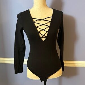 H&M Black V-Neck Lace-Up Bodysuit